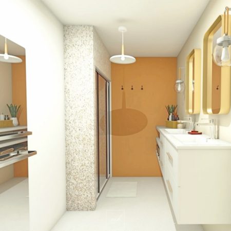 Une salle de bains élégante avec du terrazzo imaginée par Julia Gnemmi, MH DECO Fontainebleau