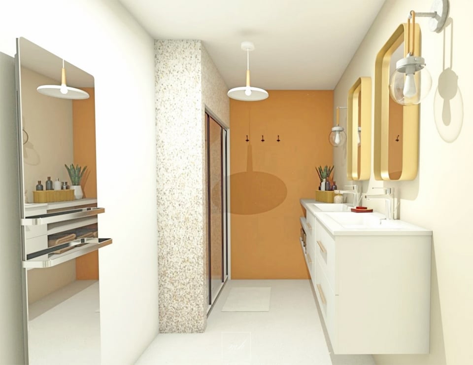 Une salle de bains élégante avec du terrazzo imaginée par Julia Gnemmi, MH DECO Fontainebleau