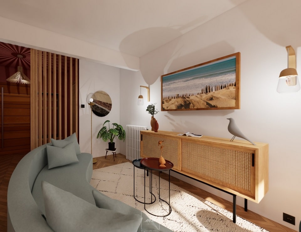Modélisation 3D à 360° d'un appartement à l'ambiance bohème par MH DECO Reims