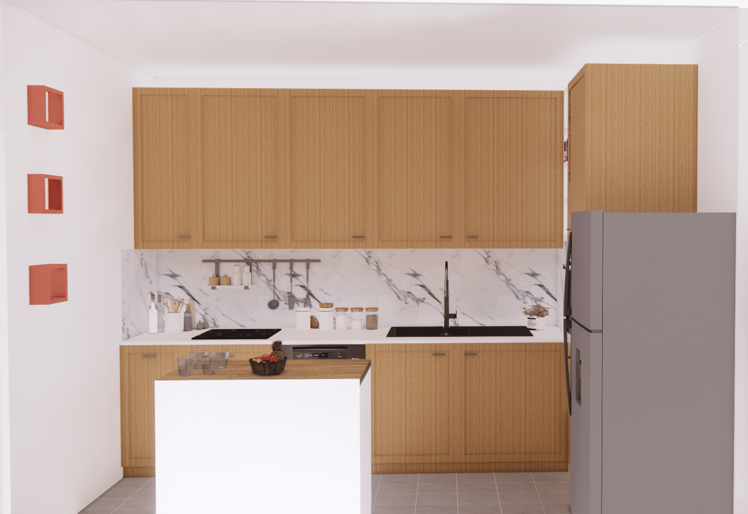 Modélisation 3D de la cuisine au sein d'un appartement parisien pensé par MH DECO