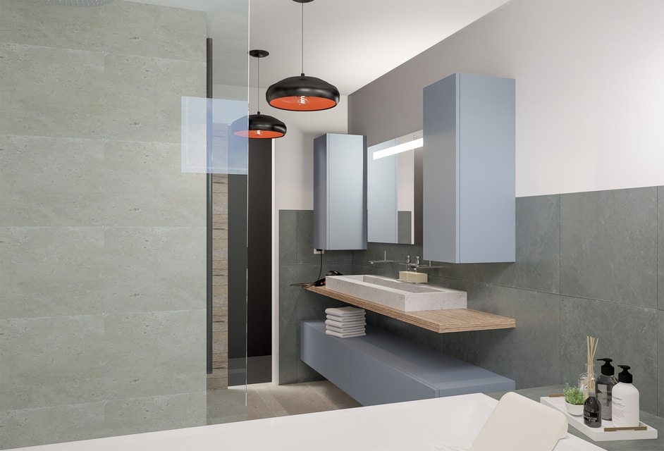 Conception 3D d'une salle de bain au sein d'un appartement située à Dompierre-sur-mer pensé par MH DECO